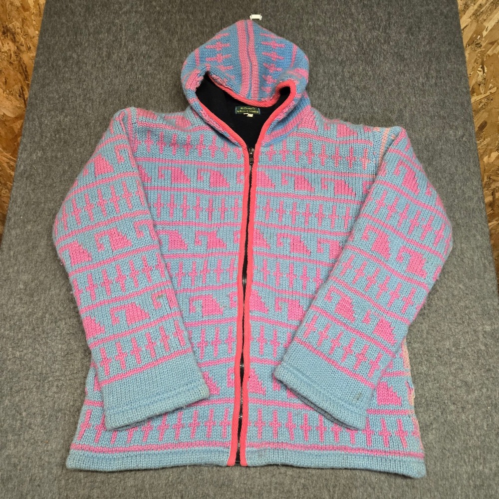 VTG Mi Chompa Wool Jacket Womens M Nepal Elephant Boho Hooded Pink Blue Full Zip